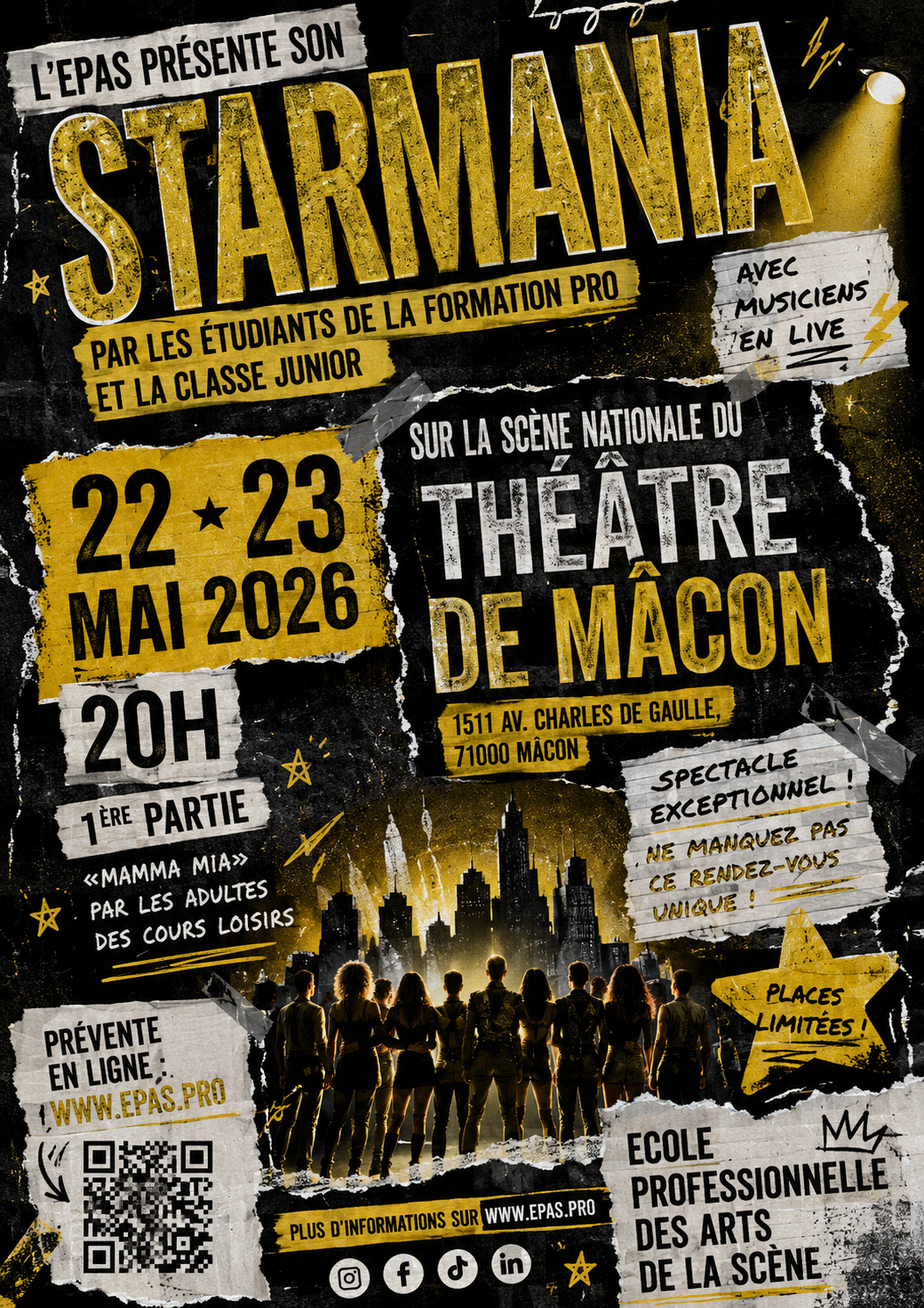 Exemple de flyer à la mise en page désordonnée avec des éléments graphiques dispersés.