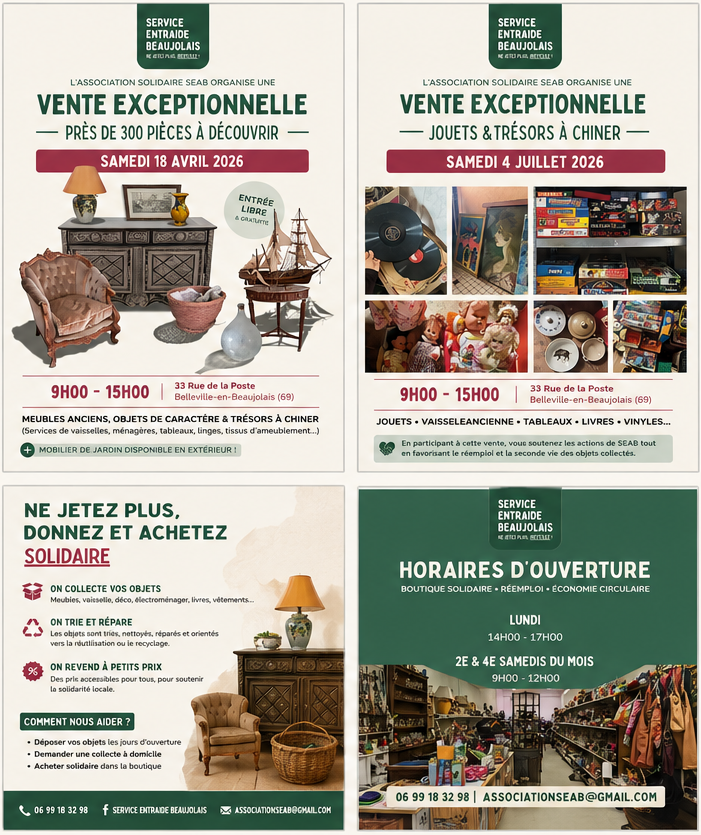 Exemple de flyers partageant une identité visuelle cohérente avec les mêmes couleurs, typographies et logo.
